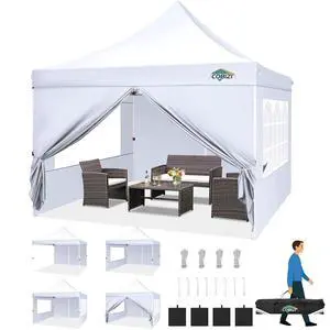 Canopy 10x10 Pop Up Canopy Tent with 4 Sidewalls, Commercial Party Tent Ez Waterproof Outdoor Instant Gazebo UV 50+ Event Shelter, Garden Tents for Parties Camping with Sandbags, White Canopy 10x10 Pop Up Canopy Tent with 4 Sidewalls, Commercial Party Tent Ez Waterproof Outdoor Instant Gazebo UV 50+ Event Shelter, Garden Tents for Parties Camping with Sandbags, White