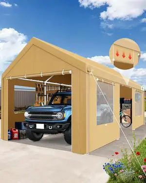 Carport 12x20ft Heavy Duty Portable Garage, 2.0 Powder Coated Frame(Better Than Galvanized), Waterproof Shelter with Removable Sidewalls & Windows, Built-in Sandbags, for Car/Boat/SUV, Khaki Carport 12x20ft Heavy Duty Portable Garage, 2.0 Powder Coated Frame(Better Than Galvanized), Waterproof Shelter with Removable Sidewalls & Windows, Built-in Sandbags, for Car/Boat/SUV, Khaki