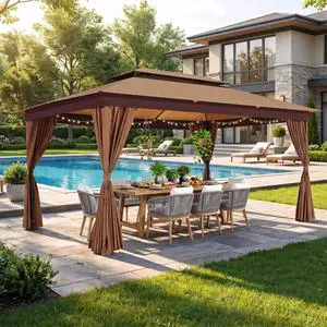 10x15 Outdoor Patio Gazebo with Privacy Curtains, Khaki 10x15 Outdoor Patio Gazebo with Privacy Curtains, Khaki