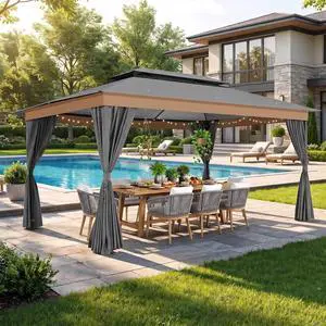 10x15 Outdoor Patio Gazebo with Privacy Curtains, Gray 10x15 Outdoor Patio Gazebo with Privacy Curtains, Gray