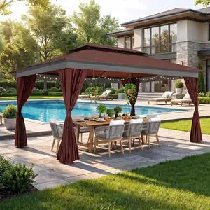 10x15 Outdoor Patio Gazebo with Privacy Curtains, Brown 10x15 Outdoor Patio Gazebo with Privacy Curtains, Brown