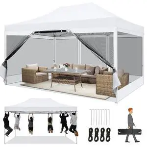 10x15 Heavy Duty Pop Up Canopy with 4 Sidewalls, Commercial Gazebo Party Tent with Mosquito Netting Wall Easy Set Up Outdoor Instant Screen Tent for Backyard, Patio, Garden, White 10x15 Heavy Duty Pop Up Canopy with 4 Sidewalls, Commercial Gazebo Party Tent with Mosquito Netting Wall Easy Set Up Outdoor Instant Screen Tent for Backyard, Patio, Garden, White