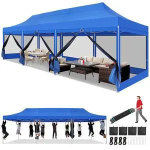 10x30 Heavy Duty Pop Up Canopy with 8 Mosquito Netting Wall, Easy Set Up Commercial Gazebo Party Tent, Outdoor Instant Screen Canopy for Backyard, Patio, Garden, Blue 10x30 Heavy Duty Pop Up Canopy with 8 Mosquito Netting Wall, Easy Set Up Commercial Gazebo Party Tent, Outdoor Instant Screen Canopy for Backyard, Patio, Garden, Blue