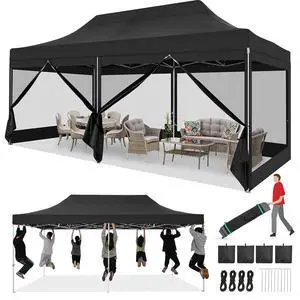 10x20 Heavy Duty Pop Up Canopy Tent with 6 Sidewalls, Easy Set Up Outdoor Waterproof Screen Commercial Party Tent with Mosquito Netting for Parties Backyard Patio, Roller Bag, Black 10x20 Heavy Duty Pop Up Canopy Tent with 6 Sidewalls, Easy Set Up Outdoor Waterproof Screen Commercial Party Tent with Mosquito Netting for Parties Backyard Patio, Roller Bag, Black