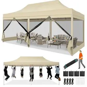 10x20 Heavy Duty Pop Up Canopy with 6 Sidewalls, Easy Set Up Outdoor Waterproof Commercial Screen Party Tent with Mosquito Netting for Parties Backyard Patio, Roller Bag, Dark Khaki 10x20 Heavy Duty Pop Up Canopy with 6 Sidewalls, Easy Set Up Outdoor Waterproof Commercial Screen Party Tent with Mosquito Netting for Parties Backyard Patio, Roller Bag, Dark Khaki