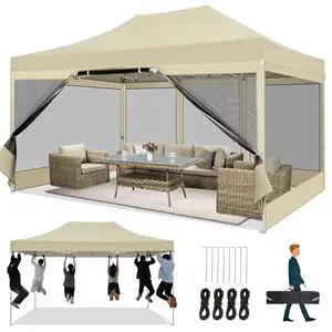 10x15 Heavy Duty Pop Up Canopy with 4 Sidewalls, Easy Set Up Outdoor Waterproof Commercial Screen Party Tent with Mosquito Netting Instant Screen Gazebo for Parties Backyard Patio Garden, Khaki 10x15 Heavy Duty Pop Up Canopy with 4 Sidewalls, Easy Set Up Outdoor Waterproof Commercial Screen Party Tent with Mosquito Netting Instant Screen Gazebo for Parties Backyard Patio Garden, Khaki