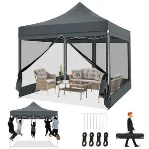 10x10 Heavy Duty Pop Up Canopy Tent with 4 Sidewalls, Easy Set Up Outdoor Waterproof Screen Commercial Party Tent with Mosquito Netting for Parties Backyard Patio, Carry Bag, Gray 10x10 Heavy Duty Pop Up Canopy Tent with 4 Sidewalls, Easy Set Up Outdoor Waterproof Screen Commercial Party Tent with Mosquito Netting for Parties Backyard Patio, Carry Bag, Gray