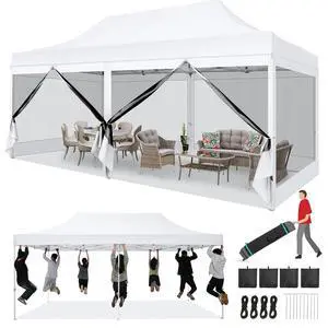 10x20 Heavy Duty Pop Up Canopy Tent with 6 Sidewalls, Easy Set Up Outdoor Waterproof Screen Commercial Party Tent with Mosquito Netting for Parties Backyard Patio, Roller Bag, White 10x20 Heavy Duty Pop Up Canopy Tent with 6 Sidewalls, Easy Set Up Outdoor Waterproof Screen Commercial Party Tent with Mosquito Netting for Parties Backyard Patio, Roller Bag, White