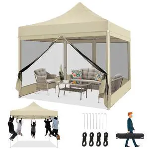 10x10 Heavy Duty Pop Up Canopy Tent with 4 Sidewalls, Easy Set Up Outdoor Waterproof Screen Commercial Party Tent with Mosquito Netting for Parties Backyard Patio, Carry Bag, Khaki 10x10 Heavy Duty Pop Up Canopy Tent with 4 Sidewalls, Easy Set Up Outdoor Waterproof Screen Commercial Party Tent with Mosquito Netting for Parties Backyard Patio, Carry Bag, Khaki