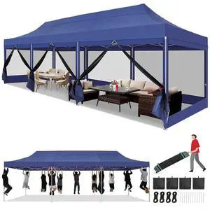 10x30 Heavy Duty Pop Up Canopy with 8 Mosquito Netting Wall, Easy Set Up Commercial Gazebo Party Tent, Outdoor Instant Screen Canopy for Backyard, Patio, Garden, Dark Blue 10x30 Heavy Duty Pop Up Canopy with 8 Mosquito Netting Wall, Easy Set Up Commercial Gazebo Party Tent, Outdoor Instant Screen Canopy for Backyard, Patio, Garden, Dark Blue