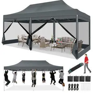10x20 Heavy Duty Pop Up Canopy Tent with 6 Sidewalls, Easy Set Up Outdoor Waterproof Screen Commercial Party Tent with Mosquito Netting for Parties Backyard Patio, Roller Bag, Gray 10x20 Heavy Duty Pop Up Canopy Tent with 6 Sidewalls, Easy Set Up Outdoor Waterproof Screen Commercial Party Tent with Mosquito Netting for Parties Backyard Patio, Roller Bag, Gray
