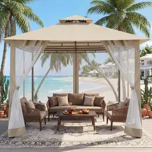 Gazebo 10x10 Heavy Duty Gazebos with Improved Nettings Outdoor Gazebo Double Roof Patio Gazebos with Metal Steel Frame Outdoor Canopy for Patio, Deck, Backyard (Khaki) Gazebo 10x10 Heavy Duty Gazebos with Improved Nettings Outdoor Gazebo Double Roof Patio Gazebos with Metal Steel Frame Outdoor Canopy for Patio, Deck, Backyard (Khaki)