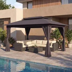 10x15 Gazebo Metal Frame Canopy Tent, Vented Double Roof, Brown 10x15 Gazebo Metal Frame Canopy Tent, Vented Double Roof, Brown