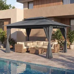 10x15 Gazebo Metal Frame Canopy Tent, Vented Double Roof, Gray 10x15 Gazebo Metal Frame Canopy Tent, Vented Double Roof, Gray