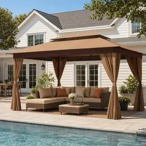 10x15 Gazebo Metal Frame Canopy Tent, Vented Double Roof, Khaki 10x15 Gazebo Metal Frame Canopy Tent, Vented Double Roof, Khaki