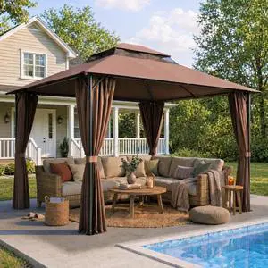 Gazebo 10x10 Heavy Duty Gazebos with Improved Curtains Outdoor Double Roof Patio with Metal Steel Frame Outdoor Canopy for Patio, Deck, Backyard (Brown) Gazebo 10x10 Heavy Duty Gazebos with Improved Curtains Outdoor Double Roof Patio with Metal Steel Frame Outdoor Canopy for Patio, Deck, Backyard (Brown)