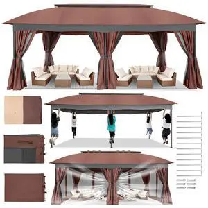 12x20 Outdoor Patio Gazebo, Double Roof Soft Top Canopy with Privacy Curtains and Mosquito Netting, Heavy Duty Steel Frame Shade Shelter for Backyard, Garden, Deck, Poolside -Red Brown 12x20 Outdoor Patio Gazebo, Double Roof Soft Top Canopy with Privacy Curtains and Mosquito Netting, Heavy Duty Steel Frame Shade Shelter for Backyard, Garden, Deck, Poolside -Red Brown