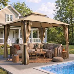 Gazebo 10x10 Heavy Duty Gazebos with Improved Curtains Outdoor Double Roof Patio with Metal Steel Frame Outdoor Canopy for Patio, Deck, Backyard (Khaki) Gazebo 10x10 Heavy Duty Gazebos with Improved Curtains Outdoor Double Roof Patio with Metal Steel Frame Outdoor Canopy for Patio, Deck, Backyard (Khaki)