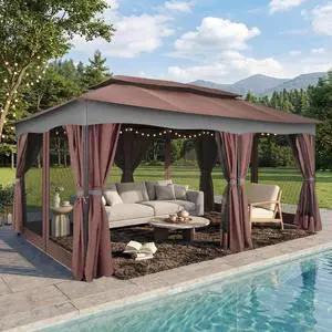 12x20 Outdoor Patio Gazebo, Double Roof Soft Top Canopy with Privacy Curtains and Mosquito Netting, Heavy Duty Steel Frame Shade Shelter for Backyard, Garden, Deck, Poolside - Brown 12x20 Outdoor Patio Gazebo, Double Roof Soft Top Canopy with Privacy Curtains and Mosquito Netting, Heavy Duty Steel Frame Shade Shelter for Backyard, Garden, Deck, Poolside - Brown