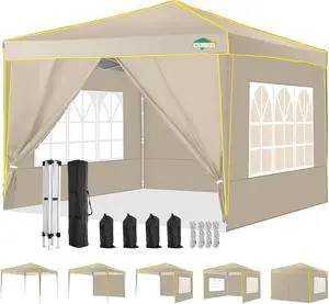 10x10 Pop Up Canopy with 4 Sidewalls, Easy up Canopy for Events, Sports, Beach, Party, Outdoor Party Canopies with 4 Weight Bags, Stakes x4, Ropes x4, Khaki 10x10 Pop Up Canopy with 4 Sidewalls, Easy up Canopy for Events, Sports, Beach, Party, Outdoor Party Canopies with 4 Weight Bags, Stakes x4, Ropes x4, Khaki