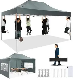10x15 Pop up Canopy Tent Heavy Duty, Easy Set-up Commercial Outdoor Party Tent, 100% Waterproof Wedding Tents Gazebo, 3 Height Adjustable with Handbag, Gray 10x15 Pop up Canopy Tent Heavy Duty, Easy Set-up Commercial Outdoor Party Tent, 100% Waterproof Wedding Tents Gazebo, 3 Height Adjustable with Handbag, Gray