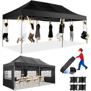 Pop up Canopy Tent 10x20 Heavy Duty Gazebo with 6 Sidewalls, UPF 50+ All Weather Waterproof Commercial Outdoor Wedding Party Tents Canopy with Roller Bag, Black Pop up Canopy Tent 10x20 Heavy Duty Gazebo with 6 Sidewalls, UPF 50+ All Weather Waterproof Commercial Outdoor Wedding Party Tents Canopy with Roller Bag, Black