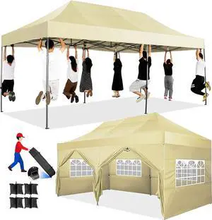 10x20 Pop up Canopy Tent Heavy Duty, Easy Set-up Commercial Outdoor Party Tent, 100% Waterproof Wedding Tents Gazebo, 3 Height Adjustable with Wheeled Bag, Khaki 10x20 Pop up Canopy Tent Heavy Duty, Easy Set-up Commercial Outdoor Party Tent, 100% Waterproof Wedding Tents Gazebo, 3 Height Adjustable with Wheeled Bag, Khaki