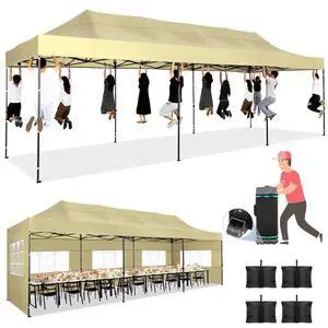 10x30 Pop up Canopy Tent Heavy Duty, Easy Set-up Commercial Outdoor Party Tent, 100% Waterproof Wedding Tents Gazebo, 3 Height Adjustable with Wheeled Bag, Khaki 10x30 Pop up Canopy Tent Heavy Duty, Easy Set-up Commercial Outdoor Party Tent, 100% Waterproof Wedding Tents Gazebo, 3 Height Adjustable with Wheeled Bag, Khaki