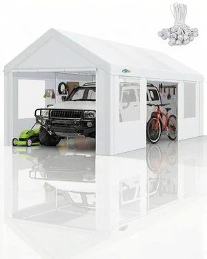 12x20 FT Heavy Duty Carport with Galvanized Frame, Carport Canopy with Roll-up Windows, Storage Tent with Removable Sidewalls & Doors, Built-in Sandbags for Car Boat Truck, White 12x20 FT Heavy Duty Carport with Galvanized Frame, Carport Canopy with Roll-up Windows, Storage Tent with Removable Sidewalls & Doors, Built-in Sandbags for Car Boat Truck, White