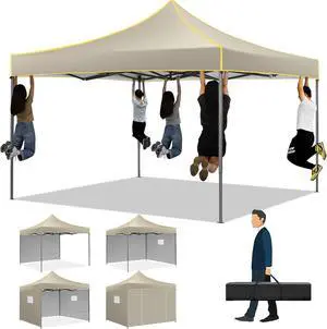 10x10 Heavy Duty Pop up Canopy with 4 Removable Sidewalls, Canopy Tent with Portable Bag, Pop up Tent Commercial Gazebo Waterproof Sunshade for All Weather Party Camp Stall Patio,Khaki 10x10 Heavy Duty Pop up Canopy with 4 Removable Sidewalls, Canopy Tent with Portable Bag, Pop up Tent Commercial Gazebo Waterproof Sunshade for All Weather Party Camp Stall Patio,Khaki
