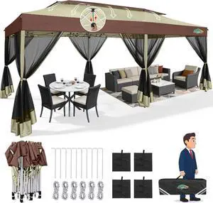 10x20 Pop Up Gazebo with Mosquito Netting, Double Roof, Khaki&Brown 10x20 Pop Up Gazebo with Mosquito Netting, Double Roof, Khaki&Brown
