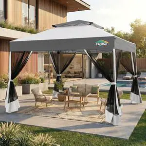 10x10 Pop Up Gazebo with Mesh Netting, Double Roof, Light Gray&Gray 10x10 Pop Up Gazebo with Mesh Netting, Double Roof, Light Gray&Gray