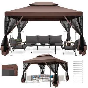 Gazebo 10x13 Heavy Duty Gazebos with Improved Nettings Outdoor Gazebo Double Roof Patio Gazebos with Metal Steel Frame Outdoor Canopy for Patio, Deck, Backyard (Brown) Gazebo 10x13 Heavy Duty Gazebos with Improved Nettings Outdoor Gazebo Double Roof Patio Gazebos with Metal Steel Frame Outdoor Canopy for Patio, Deck, Backyard (Brown)