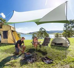 HOTEEL Camping Tarp Rain Fly, 14×12FT Waterproof Camping Awning with 2 Poles for Tent Hammock Truck, Portable Camping Shade Sun Shelter for Camping, Picnic, Hiking, Backpacking (Green & Grey) HOTEEL Camping Tarp Rain Fly, 14×12FT Waterproof Camping Awning with 2 Poles for Tent Hammock Truck, Portable Camping Shade Sun Shelter for Camping, Picnic, Hiking, Backpacking (Green & Grey)