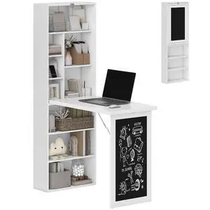 Foldable Convertible Writing Table Space-Saving Computer Desk White | Wall Mounted Design, Chalkboard, Storage Shelves, for Small Spaces, Home Office, Bedroom, Dorm, Apartment Foldable Convertible Writing Table Space-Saving Computer Desk White | Wall Mounted Design, Chalkboard, Storage Shelves, for Small Spaces, Home Office, Bedroom, Dorm, Apartment