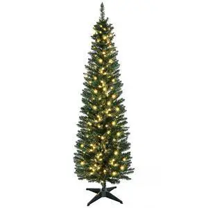 Noble Fir Artificial Pencil Christmas Tree Prelit 6' Green | Slim, 200 Warm White LED Lights, 390 Tips, Christmas Decoration Noble Fir Artificial Pencil Christmas Tree Prelit 6' Green | Slim, 200 Warm White LED Lights, 390 Tips, Christmas Decoration