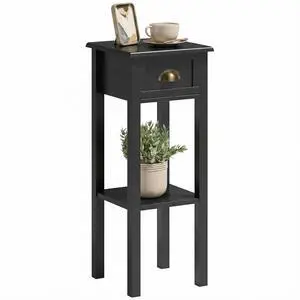 Narrow End Table with Drawer and Bottom Shelf Set of 1 Black | Tall Telephone Table, Skinny Modern Design, for Small Spaces, Living Room Narrow End Table with Drawer and Bottom Shelf Set of 1 Black | Tall Telephone Table, Skinny Modern Design, for Small Spaces, Living Room