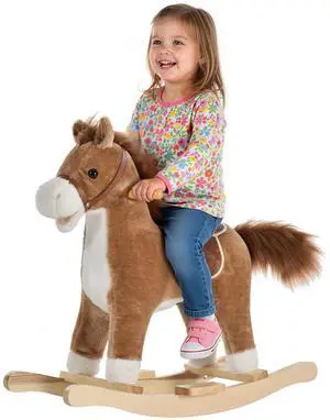 Qaba Rocking Horse Plush Animal, Baby Rocking Chair with Sounds, Brown | Wooden Rockers, Moving Mouth, Wagging Tail Qaba Rocking Horse Plush Animal, Baby Rocking Chair with Sounds, Brown | Wooden Rockers, Moving Mouth, Wagging Tail