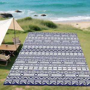 Outdoor Rug for Patio Waterproof 9' x 18' Blue & White Geometric | Large Mat, Reversible Plastic Straw Rug, Decor, Portable Outside RV Camping Area Carpet Mat, Backyard Porch Deck Picnic Outdoor Rug for Patio Waterproof 9' x 18' Blue & White Geometric | Large Mat, Reversible Plastic Straw Rug, Decor, Portable Outside RV Camping Area Carpet Mat, Backyard Porch Deck Picnic