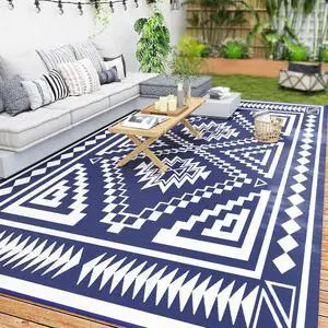 Outdoor Rug for Patio Waterproof 9' x 18' Blue & White Square | Large Mat, Reversible Plastic Straw Rug, Decor, Portable Outside RV Camping Area Carpet Mat, Backyard Porch Deck Picnic Outdoor Rug for Patio Waterproof 9' x 18' Blue & White Square | Large Mat, Reversible Plastic Straw Rug, Decor, Portable Outside RV Camping Area Carpet Mat, Backyard Porch Deck Picnic