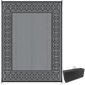 Outdoor Rug for Patio Waterproof 9' x 12' Black & Gray Border | Large Mat, Reversible Plastic Straw Rug, Decor, Portable Outside RV Camping Area Carpet Mat, Backyard Porch Deck Picnic Outdoor Rug for Patio Waterproof 9' x 12' Black & Gray Border | Large Mat, Reversible Plastic Straw Rug, Decor, Portable Outside RV Camping Area Carpet Mat, Backyard Porch Deck Picnic