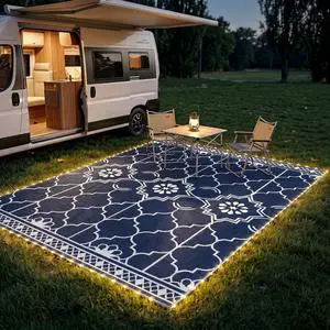 Reversible Outdoor Rug Carpet 12' x 9' Dark Blue and White | LED Lights, PP Straw Rug, Portable RV Camping Mat, Carry Bag, Ground Stakes, Backyard, Deck, Picnic, Beach Reversible Outdoor Rug Carpet 12' x 9' Dark Blue and White | LED Lights, PP Straw Rug, Portable RV Camping Mat, Carry Bag, Ground Stakes, Backyard, Deck, Picnic, Beach