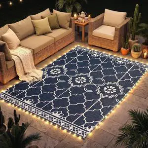 Reversible Outdoor Rug Carpet 10' x 8' Dark Blue and White | LED Lights, PP Straw Rug, Portable RV Camping Mat, Carry Bag, Ground Stakes, Backyard, Deck, Picnic, Beach Reversible Outdoor Rug Carpet 10' x 8' Dark Blue and White | LED Lights, PP Straw Rug, Portable RV Camping Mat, Carry Bag, Ground Stakes, Backyard, Deck, Picnic, Beach