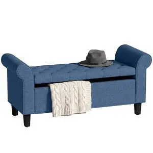 47" Ottoman wih Storage End of Bed Bench with Rolled Arms Blue | Long Ottoman with Storage Chest, Safety Hinge, Wooden Legs, Upholstered End of Bed Bench, Bedroom Entryway Living Room 47" Ottoman wih Storage End of Bed Bench with Rolled Arms Blue | Long Ottoman with Storage Chest, Safety Hinge, Wooden Legs, Upholstered End of Bed Bench, Bedroom Entryway Living Room