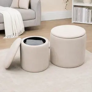 Ottoman with Storage Corduroy Stool Removable Wood Lid Cream White | Set of 2, Hidden Space, Nesting Ottoman Stool, Living Room Ottoman with Storage Corduroy Stool Removable Wood Lid Cream White | Set of 2, Hidden Space, Nesting Ottoman Stool, Living Room