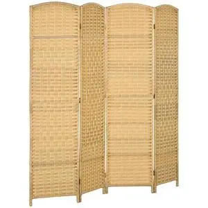 Room Divider, 6 Ft 4 Panel Folding Privacy Screen, Hand-Woven PP Wall Partition with Pine Wood Frame, Freestanding Room Separator for Bedroom, Home Office, No Assembly, Nature Wood Room Divider, 6 Ft 4 Panel Folding Privacy Screen, Hand-Woven PP Wall Partition with Pine Wood Frame, Freestanding Room Separator for Bedroom, Home Office, No Assembly, Nature Wood