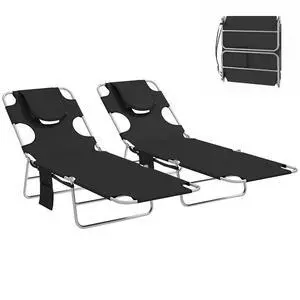Chaise Lounge Chair Outdoor Set of 2 w/Face Arm Hole Black | 5-Position Reclining, Face Down, Carry Strap, Side Pocket, Portable, Folding Tanning Bed Cot, for Patio Beach Pool Chaise Lounge Chair Outdoor Set of 2 w/Face Arm Hole Black | 5-Position Reclining, Face Down, Carry Strap, Side Pocket, Portable, Folding Tanning Bed Cot, for Patio Beach Pool