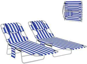 Chaise Lounge Chair Outdoor Set of 2 w/Face Arm Hole Blue Stripe | 5-Position Reclining, Face Down, Carry Strap, Side Pocket, Portable, Folding Tanning Bed Cot, for Patio Beach Pool Chaise Lounge Chair Outdoor Set of 2 w/Face Arm Hole Blue Stripe | 5-Position Reclining, Face Down, Carry Strap, Side Pocket, Portable, Folding Tanning Bed Cot, for Patio Beach Pool
