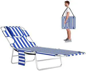 Chaise Lounge Chair Outdoor w/Face Arm Hole Blue Stripe | 5-Position Reclining, Face Down, Carry Strap, Side Pocket, Portable, Folding Tanning Bed Cot, for Patio Beach Pool Chaise Lounge Chair Outdoor w/Face Arm Hole Blue Stripe | 5-Position Reclining, Face Down, Carry Strap, Side Pocket, Portable, Folding Tanning Bed Cot, for Patio Beach Pool