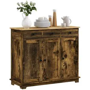 Sideboard Buffet Cabinet Solid Wood Countertop Rustic Brown | Modern Kitchen Storage, Coffee Bar Cabinet, 3 Drawers, Doors, Adjustable Shelf Sideboard Buffet Cabinet Solid Wood Countertop Rustic Brown | Modern Kitchen Storage, Coffee Bar Cabinet, 3 Drawers, Doors, Adjustable Shelf